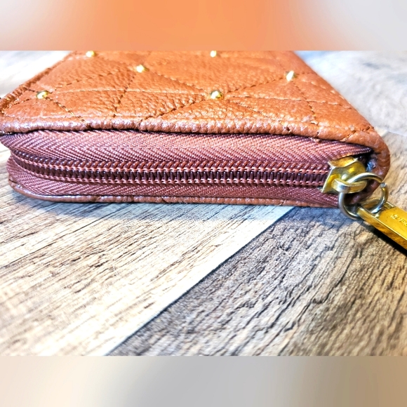 Steve Madden Brown & Gold Quilted Stud Studded Zip up Wallet - Picture 8 of 9